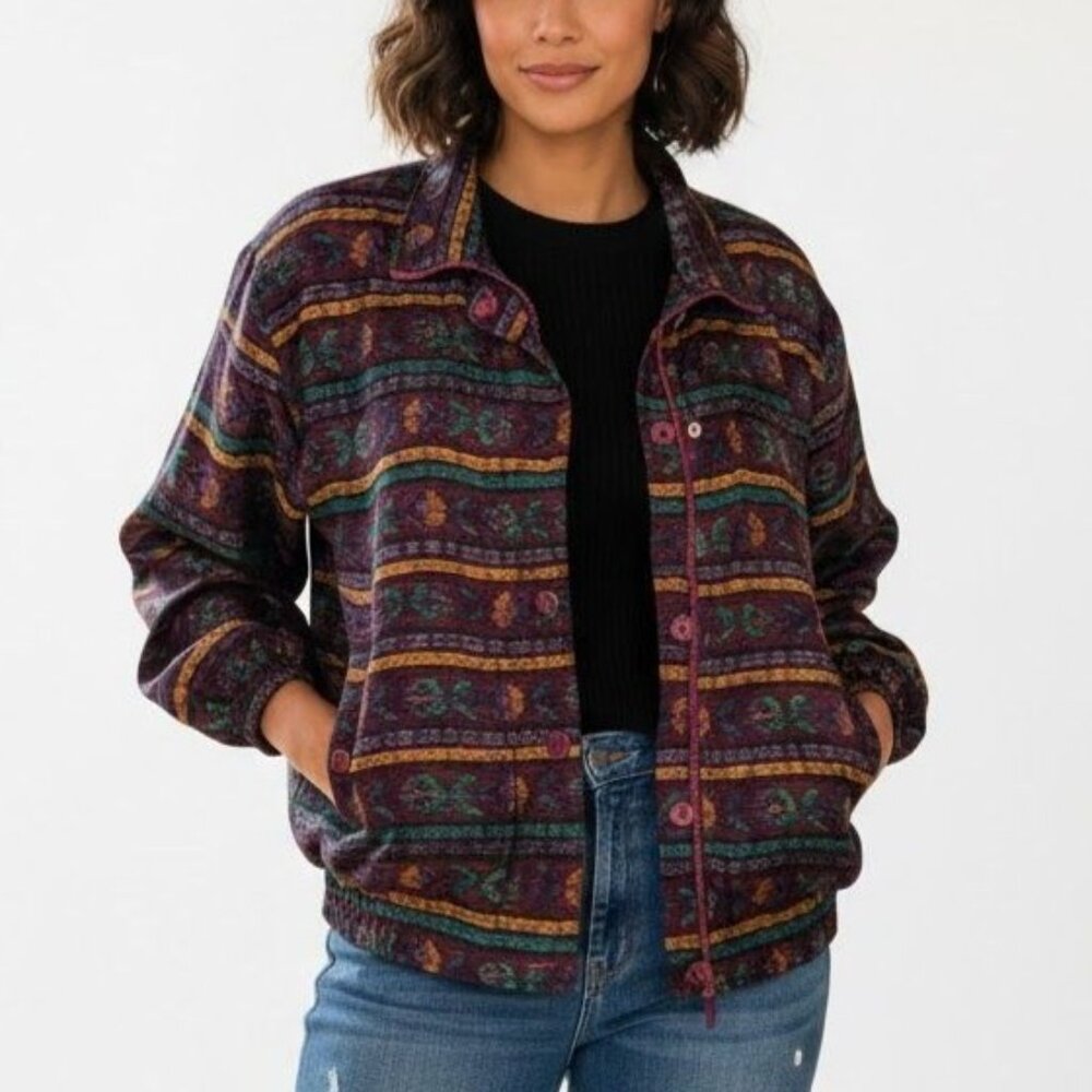 Vintage 80s 90s XL Geometric Aztec Southwestern Print Silk Bomber Jacket